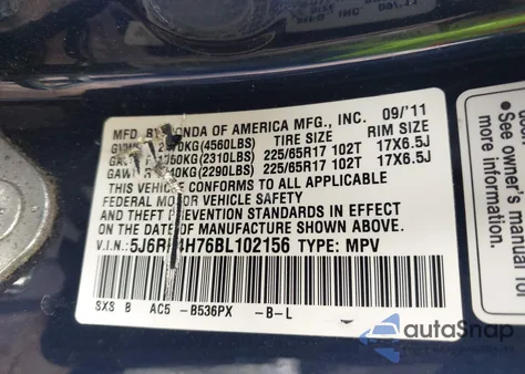 2011 Honda Cr-V Ex-L from USA, damaged, VIN 5J6RE4H76BL102156